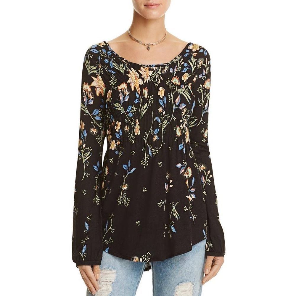 Free People Dahlia Black Smocked Floral Blouse